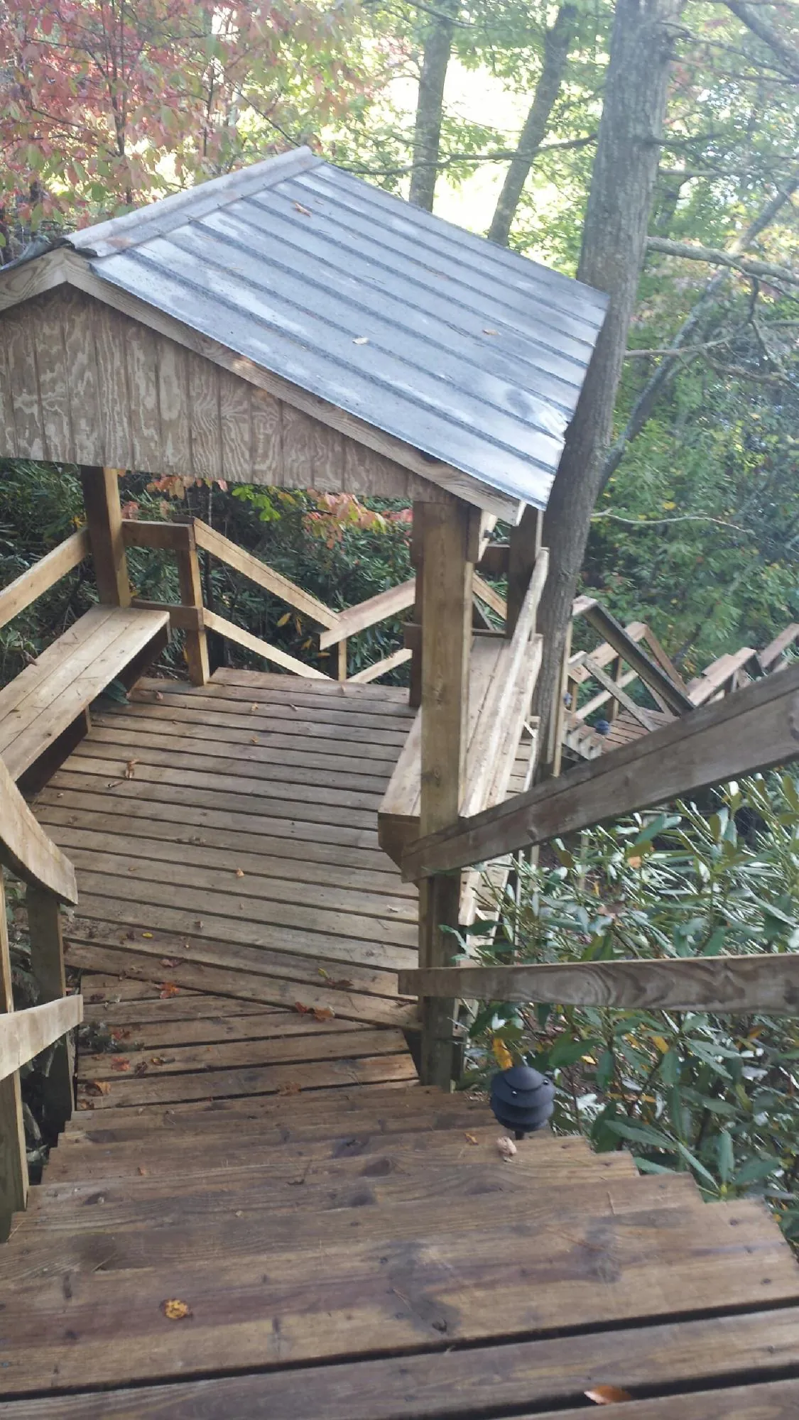 Metal roofed shelter over wooden steps on a wooded walkway — Skylight Repair & Installation work by our crew in Parkton